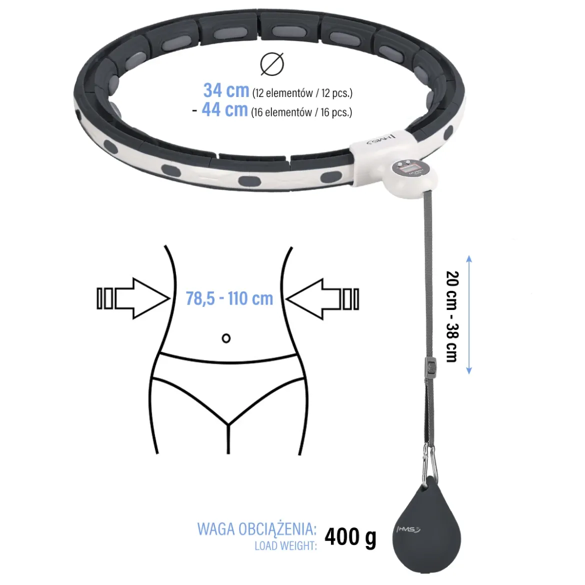 HHM15 HULA HOP BLACK Z MAGNESEM I OBCIĄŻNIKIEM + LICZNIK HMS