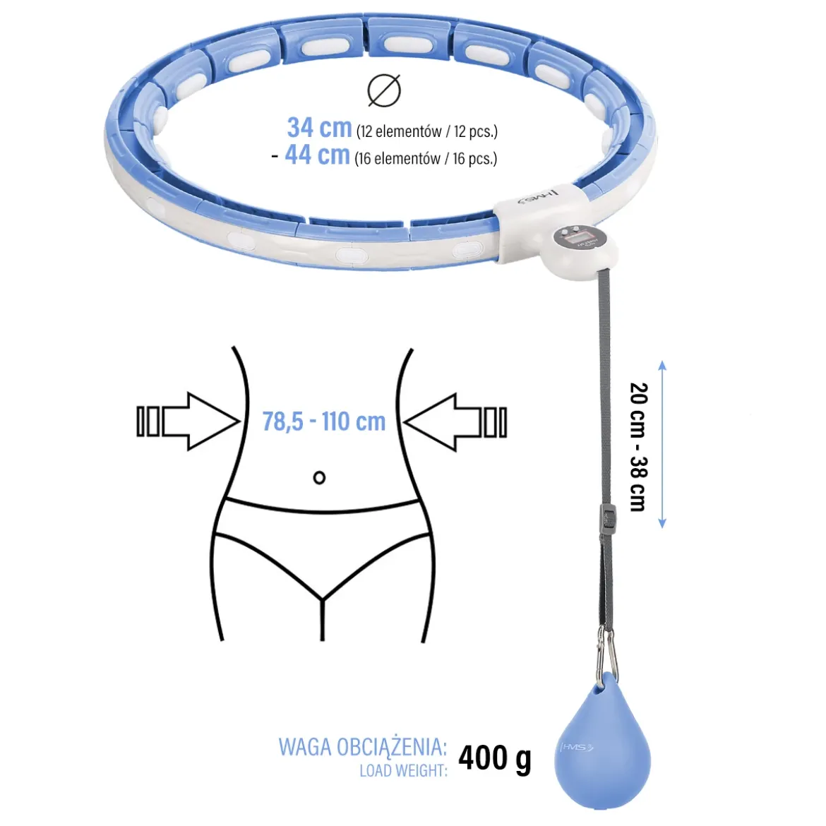 HHM15 HULA HOP BLUE Z MAGNESEM I OBCIĄŻNIKIEM + LICZNIK HMS