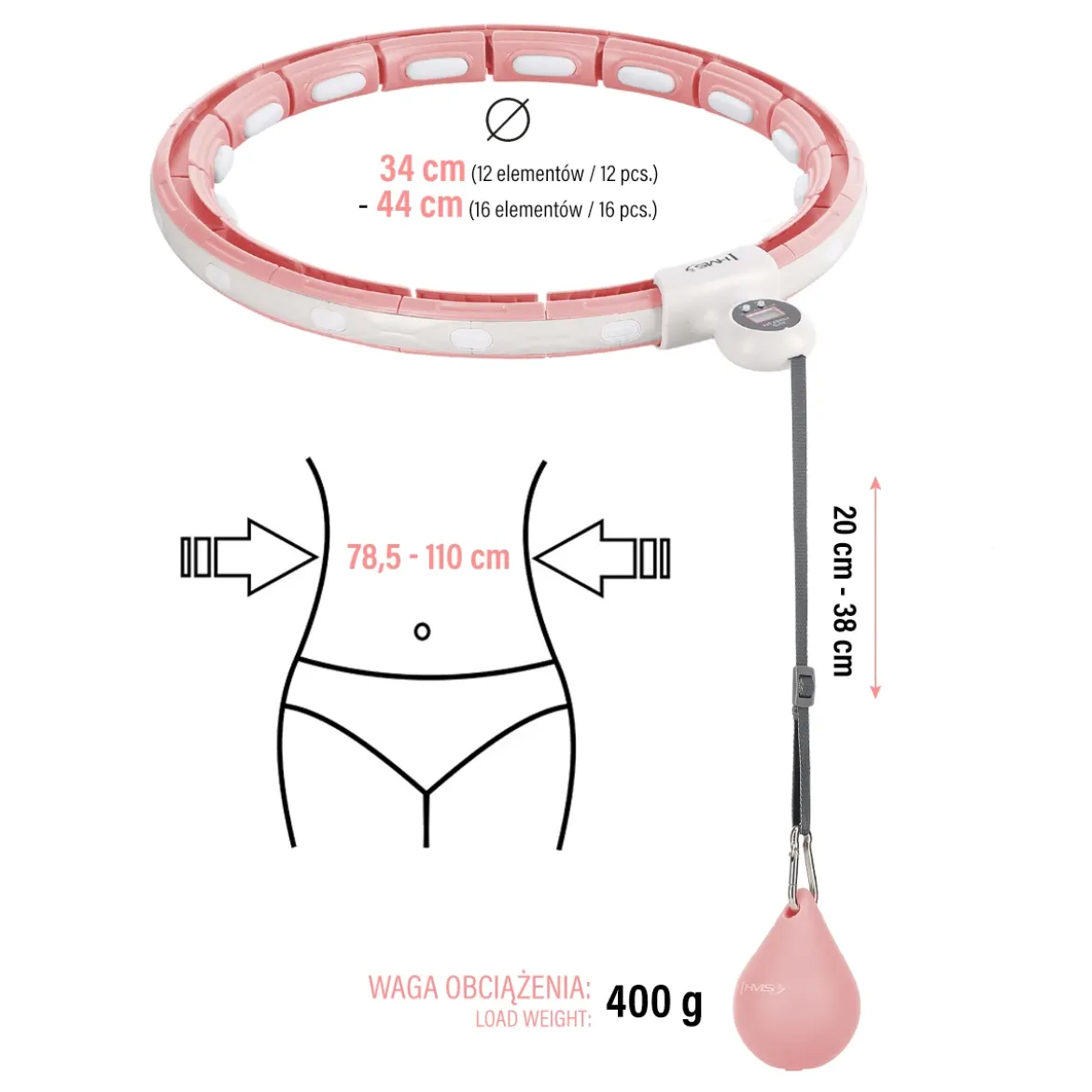 HHM15 HULA HOP PINK Z MAGNESEM I OBCIĄŻNIKIEM + LICZNIK HMS
