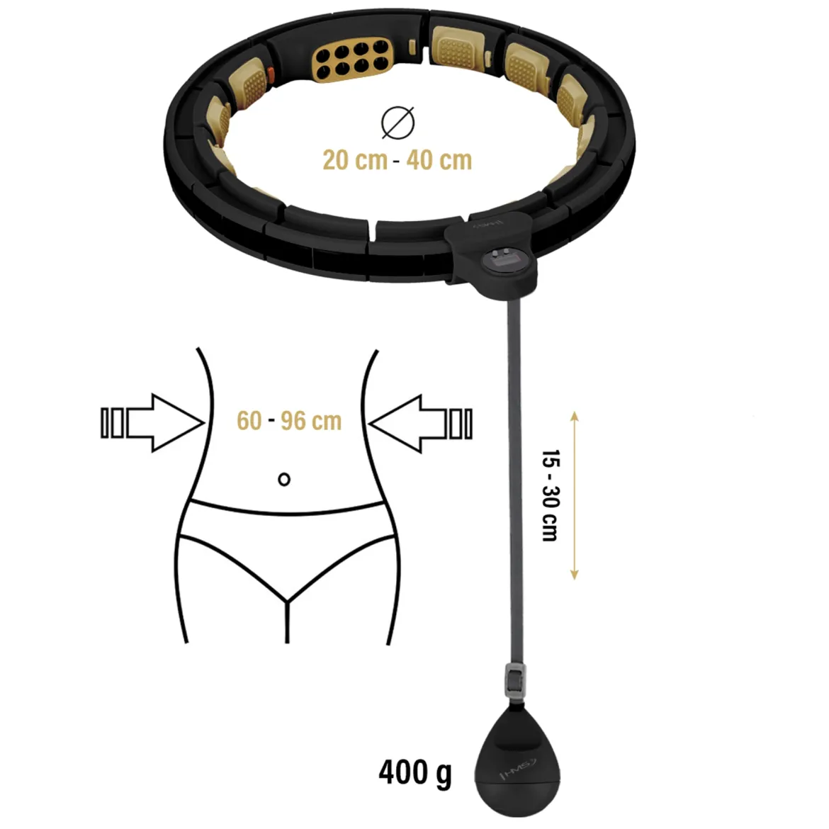 HHM13 NEW HULA HOP BLACK/GOLD Z MAGNESAMI I OBCIĄŻNIKIEM + LICZNIK HMS