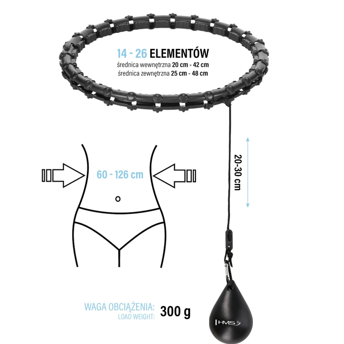 HHW11 PLUS SIZE HULA HOP BLACK Z WYPUSTKAMI I OBCIĄŻNIKIEM HMS