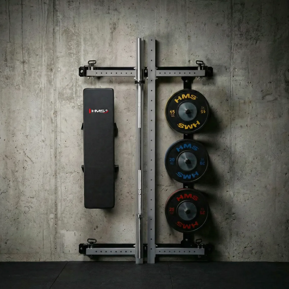 KLATKA TRENINGOWA ŚCIENNA ROZSUWANA Z ŁAWKĄ SZARA KLT34 HMS FITNESS
