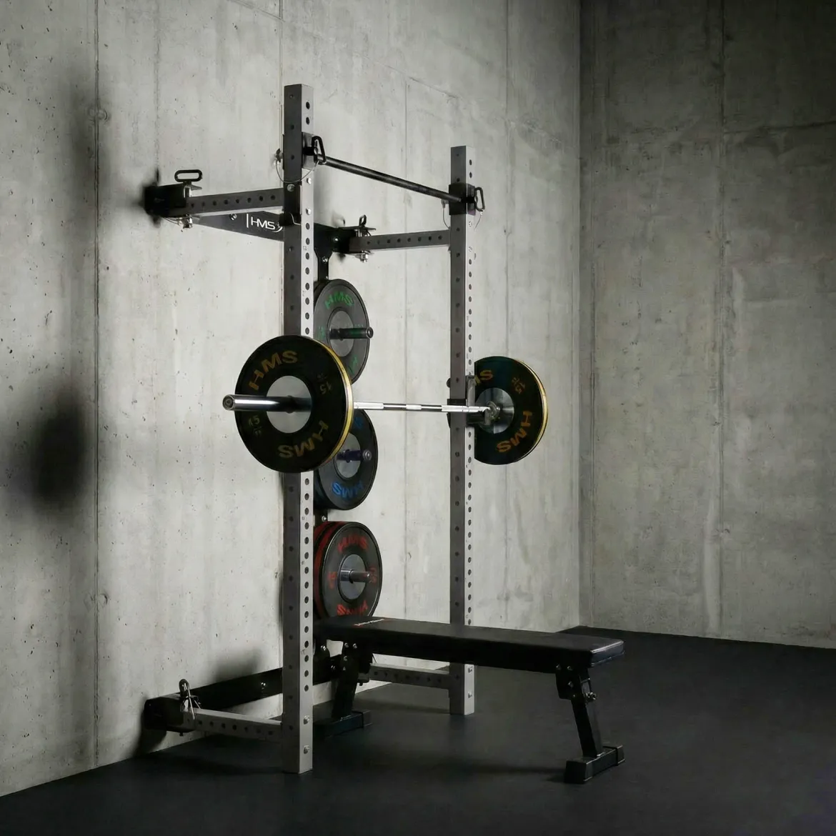 KLATKA TRENINGOWA ŚCIENNA ROZSUWANA Z ŁAWKĄ SZARA KLT34 HMS FITNESS
