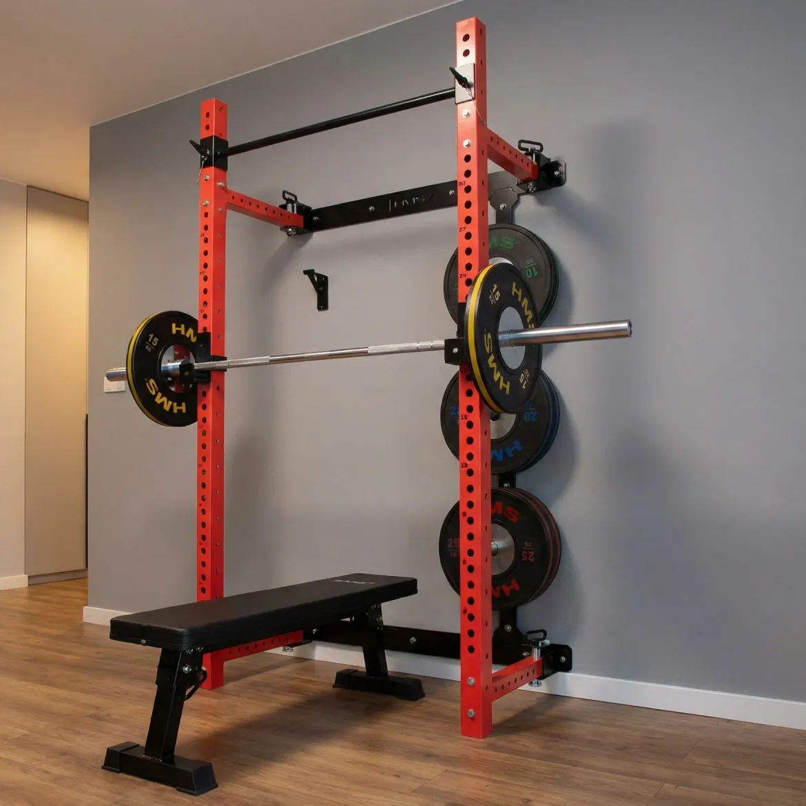KLATKA TRENINGOWA ŚCIENNA ROZSUWANA Z ŁAWKĄ CZERWONA KLT34 HMS FITNESS