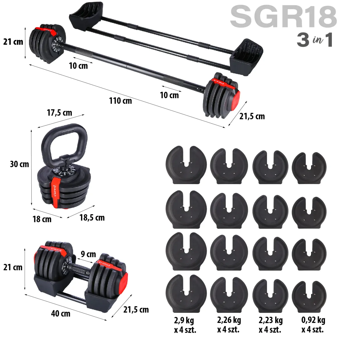 SGR18 PRO SET 3W1 ZESTAW REGULOWANYCH SZTANGIELEK 41 KG HMS