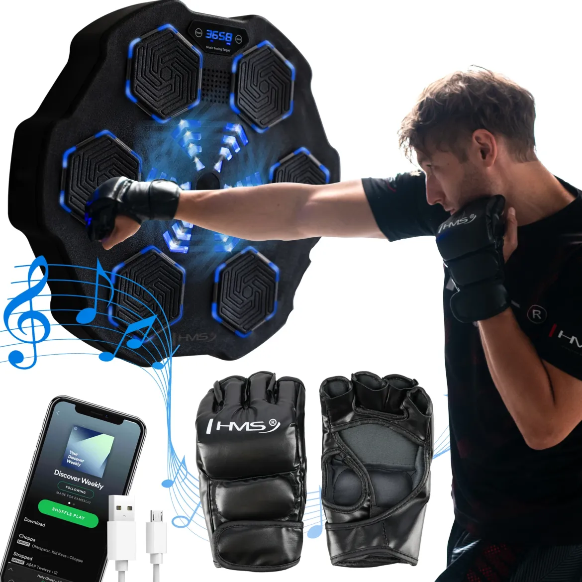 TB02 ELEKTRONICZNA TARCZA BOKSERSKA BLUETOOTH Z MUZYKĄ I RĘKAWICAMI HMS