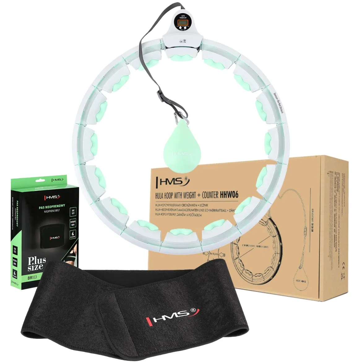 ZESTAW HULA HOP HHW06 GREEN Z PIŁKĄ GRAWITACYJNĄ I LICZNIKIEM HMS + PAS BR163 BLACK PLUS SIZE