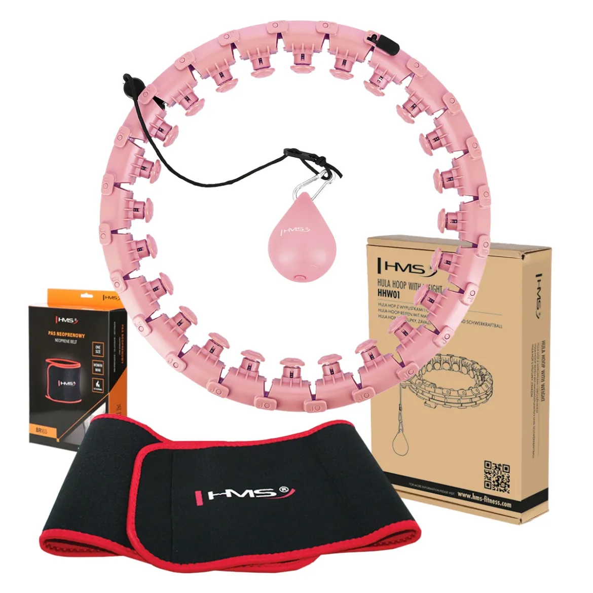 ZESTAW HULA HOP HHW01 PINK Z WYPUSTKAMI I OBCIĄŻNIKIEM HMS + PAS BR163 RED