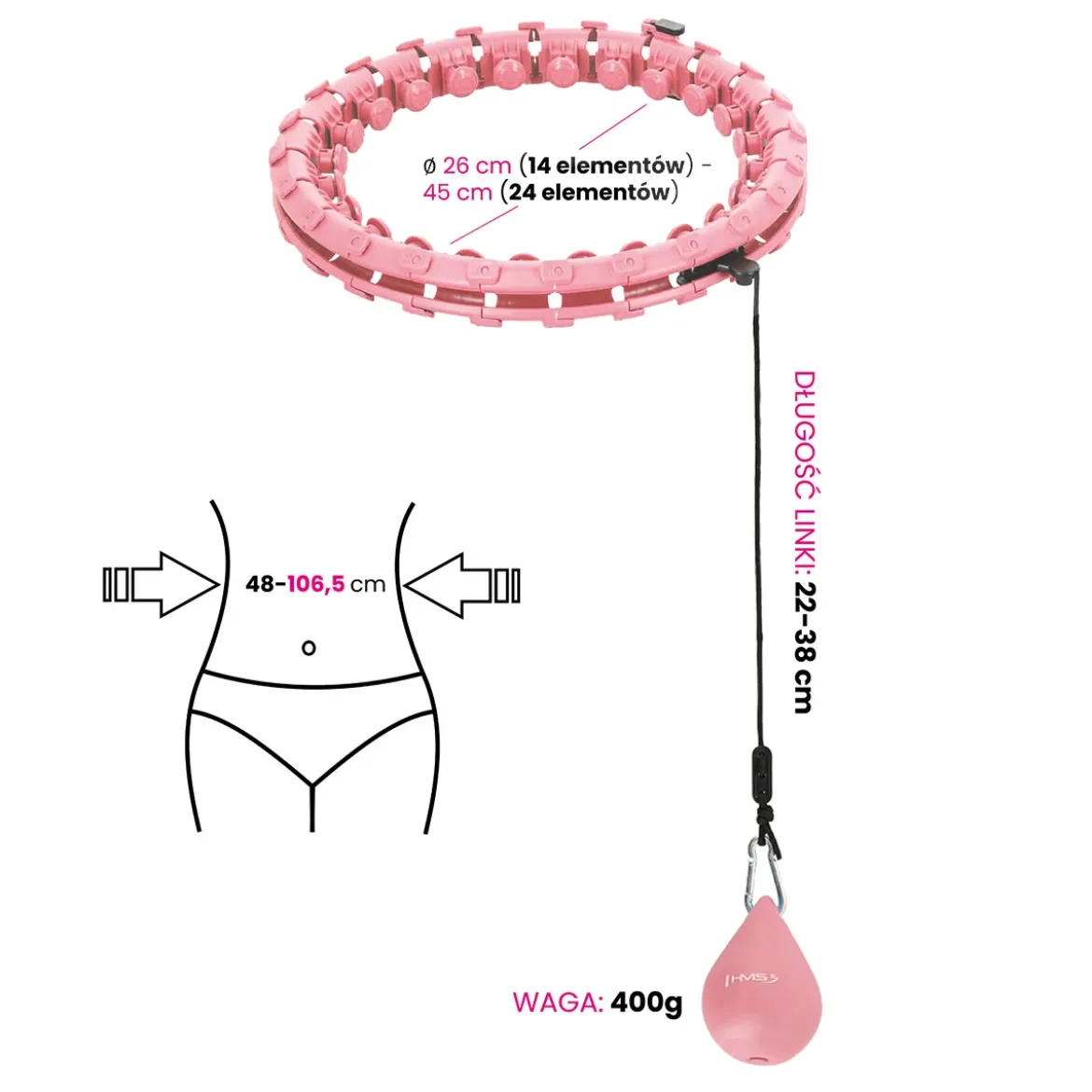 ZESTAW HULA HOP HHW01 PINK Z WYPUSTKAMI I OBCIĄŻNIKIEM HMS + PAS BR163 RED