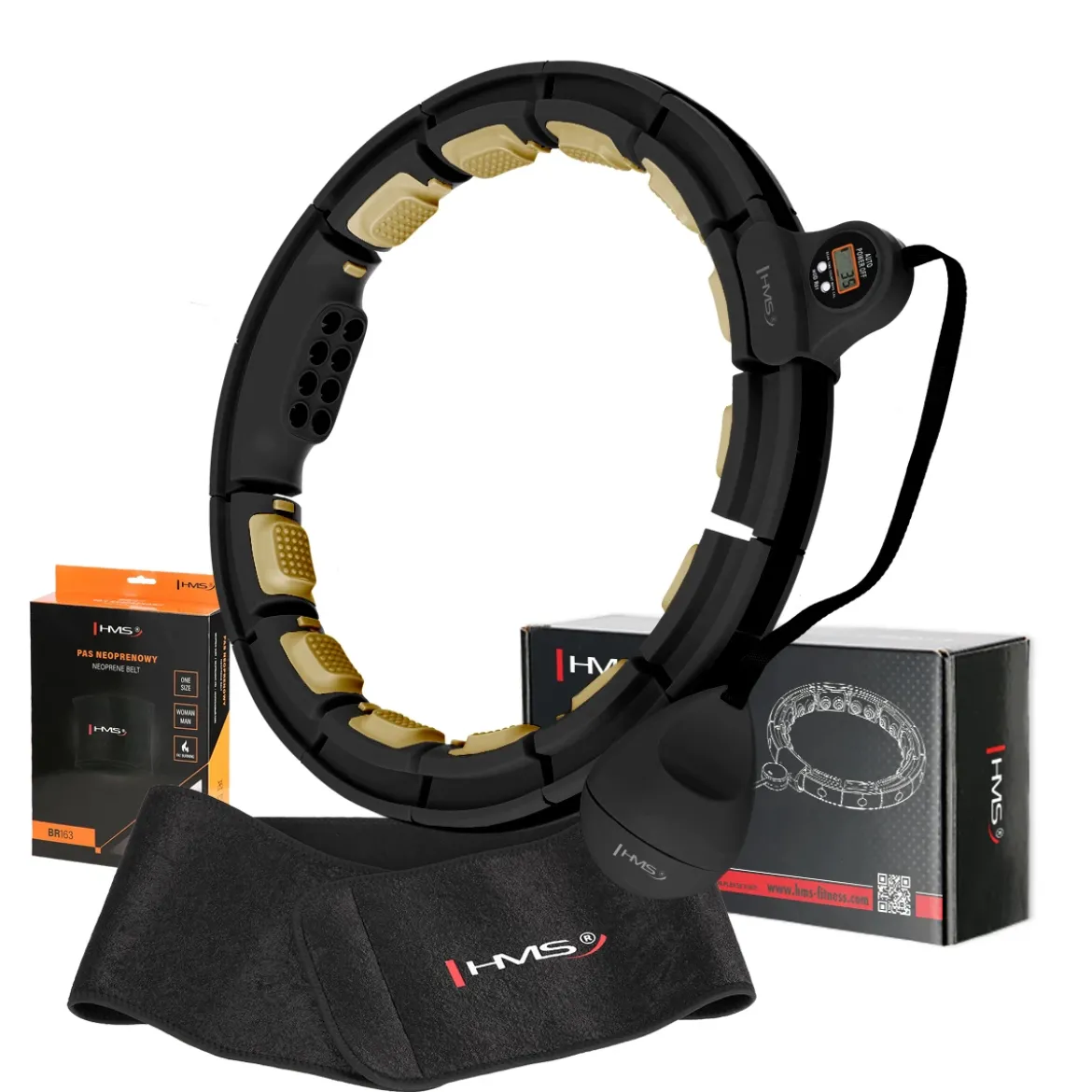 ZESTAW HULA HOP MAGNETYCZNY BLACK/GOLD HHM13 Z LICZNIKIEM HMS + PAS WYSZCZUPLAJĄCY BR163 BLACK