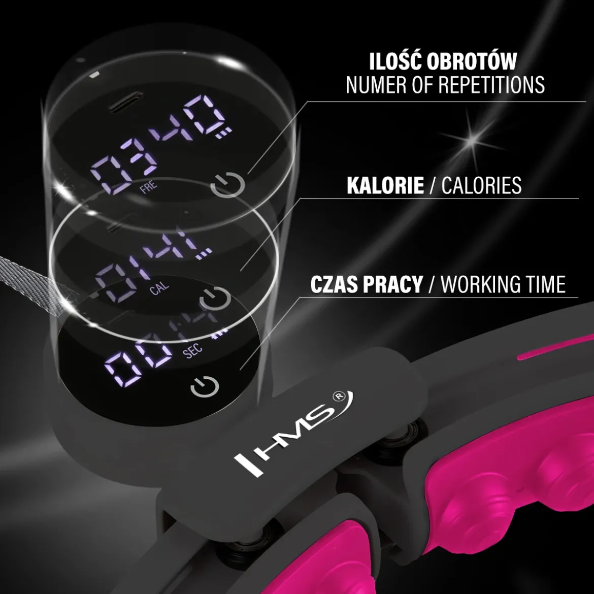 ZESTAW HULA HOP MAGNETYCZNY BLACK/PINK HHM16 Z LICZNIKIEM HMS + PAS WYSZCZUPLAJĄCY BR163 BLACK