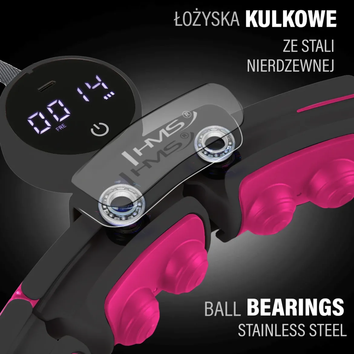 ZESTAW HULA HOP MAGNETYCZNY BLACK/PINK HHM16 Z LICZNIKIEM HMS + PAS WYSZCZUPLAJĄCY BR163 BLACK