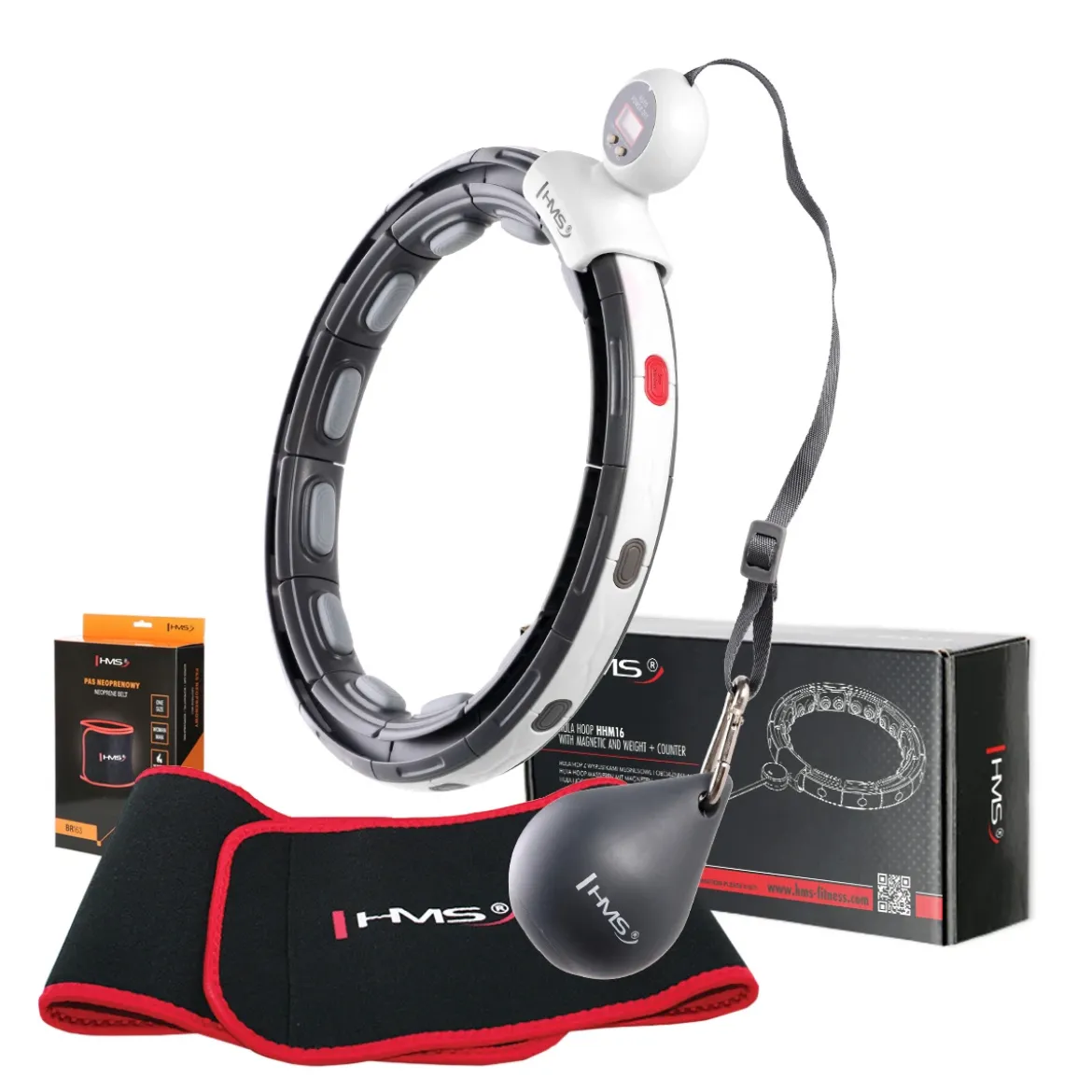 ZESTAW HULA HOP MAGNETYCZNY BLACK HHM15 Z LICZNIKIEM HMS + PAS WYSZCZUPLAJĄCY BR163 RED