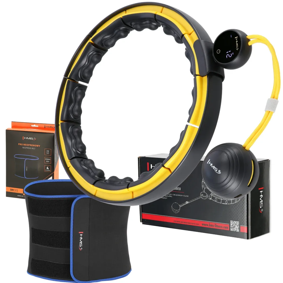ZESTAW HULA HOP MAGNETYCZNY BLACK/YELLOW HHM21 Z LICZNIKIEM HMS + PAS WYSZCZUPLAJĄCY BR1313