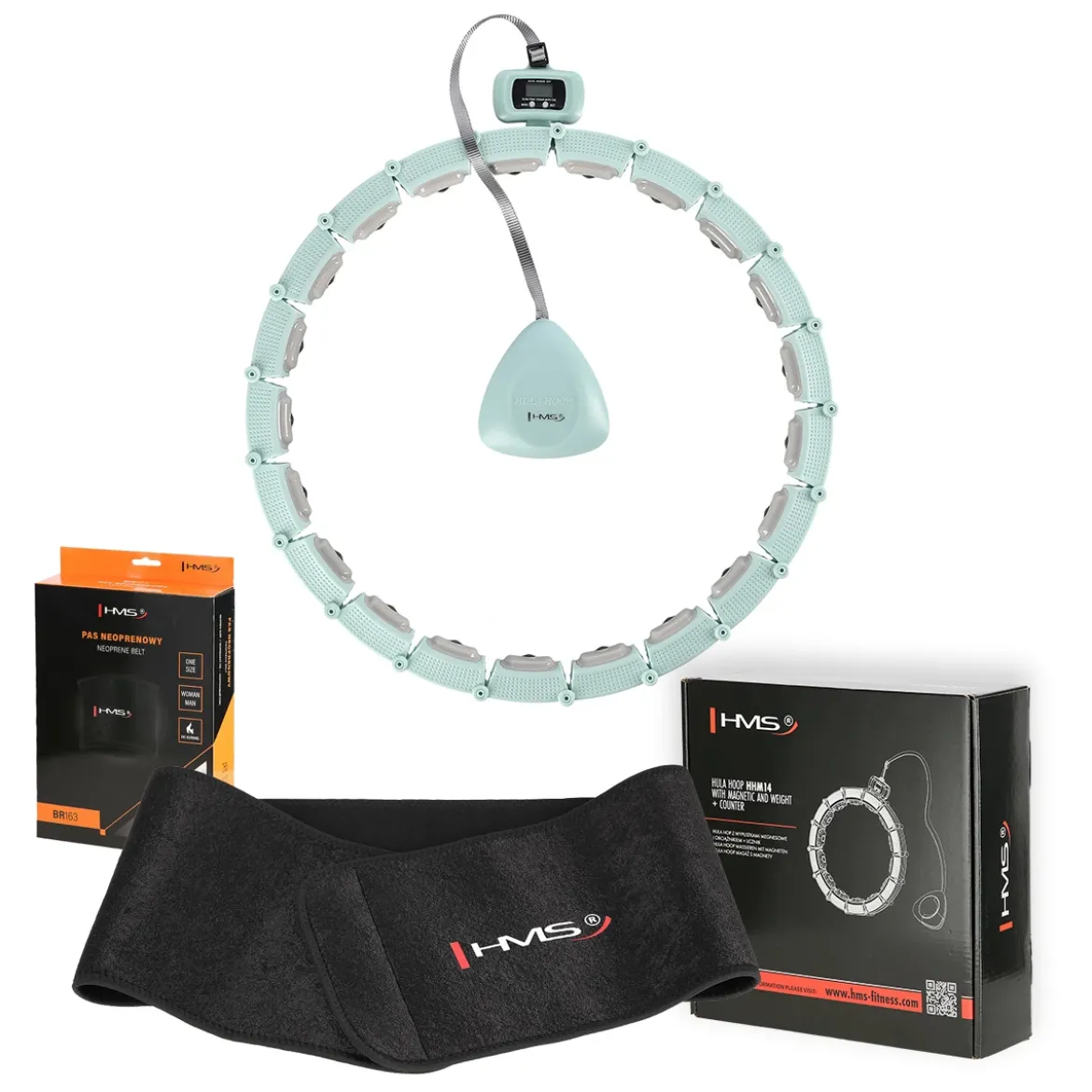 ZESTAW HULA HOP MAGNETYCZNY GREEN HHM14 Z LICZNIKIEM HMS + PAS WYSZCZUPLAJĄCY BR163 BLACK