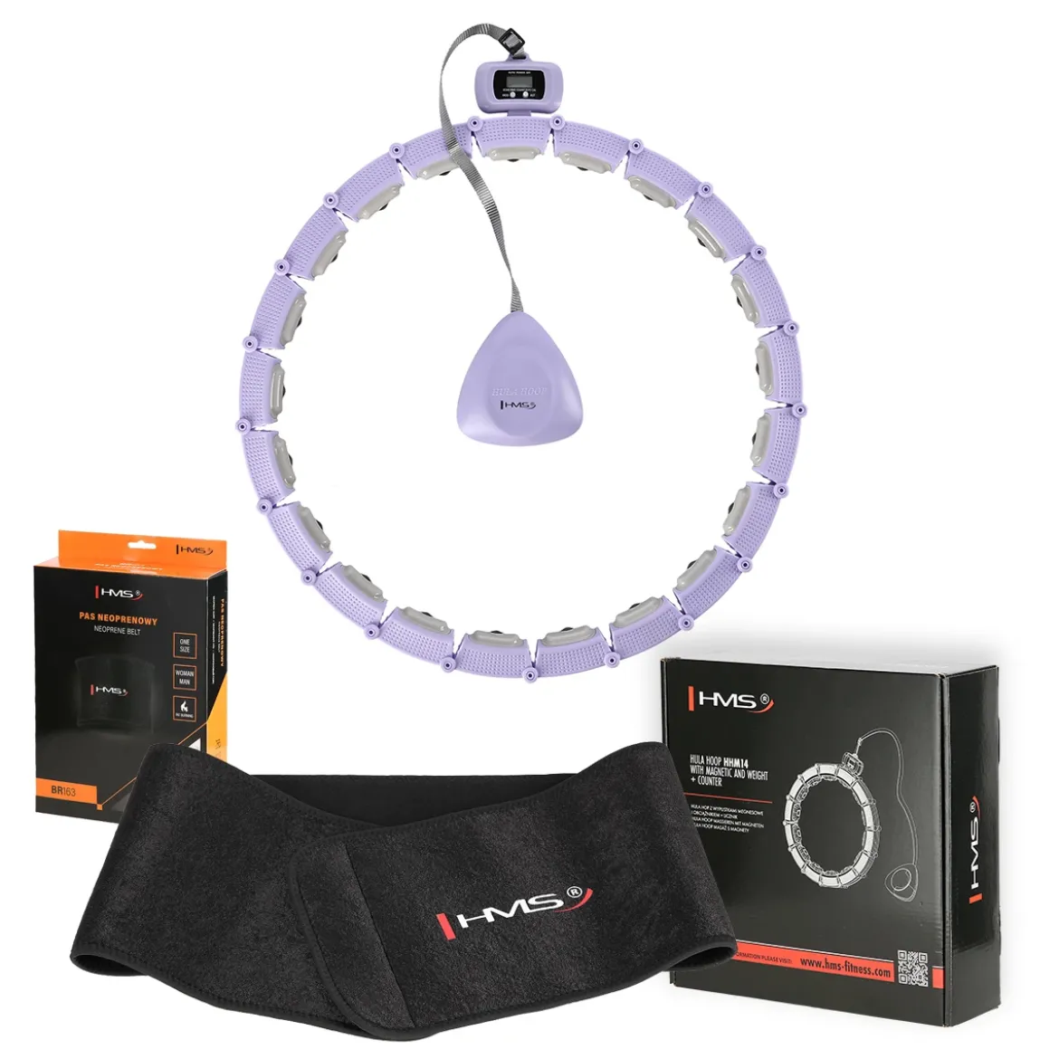 ZESTAW HULA HOP MAGNETYCZNY VIOLET HHM14 Z LICZNIKIEM HMS + PAS WYSZCZUPLAJĄCY BR163 BLACK