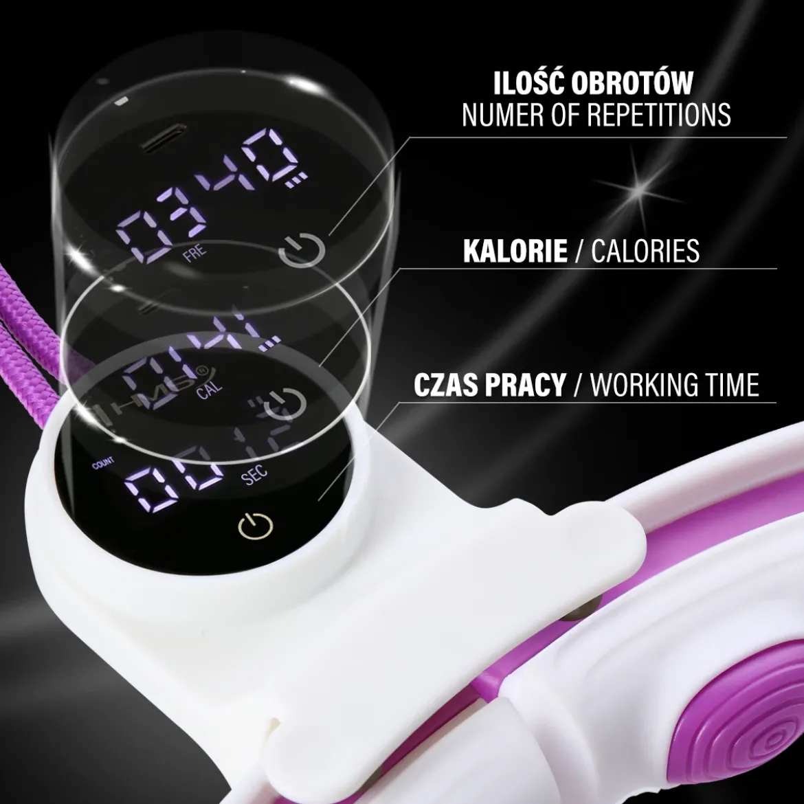 ZESTAW HULA HOP MAGNETYCZNY WHITE/VIOLET HHM17 Z LICZNIKIEM HMS + PAS WYSZCZUPLAJĄCY BR163 BLACK